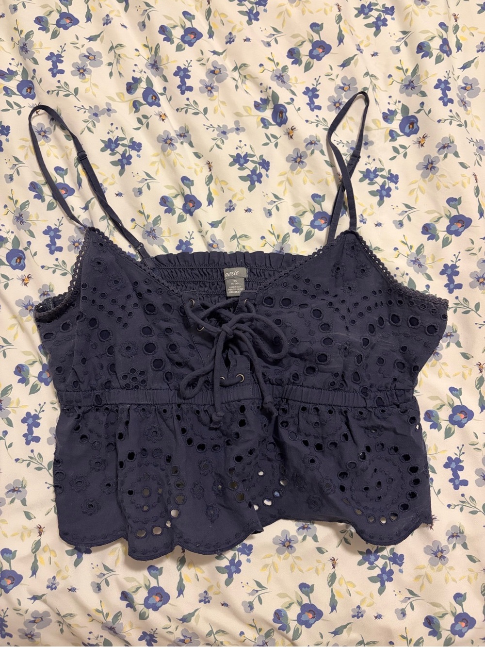 aerie Navy Eyelet Lace-Up Cropped Camisole